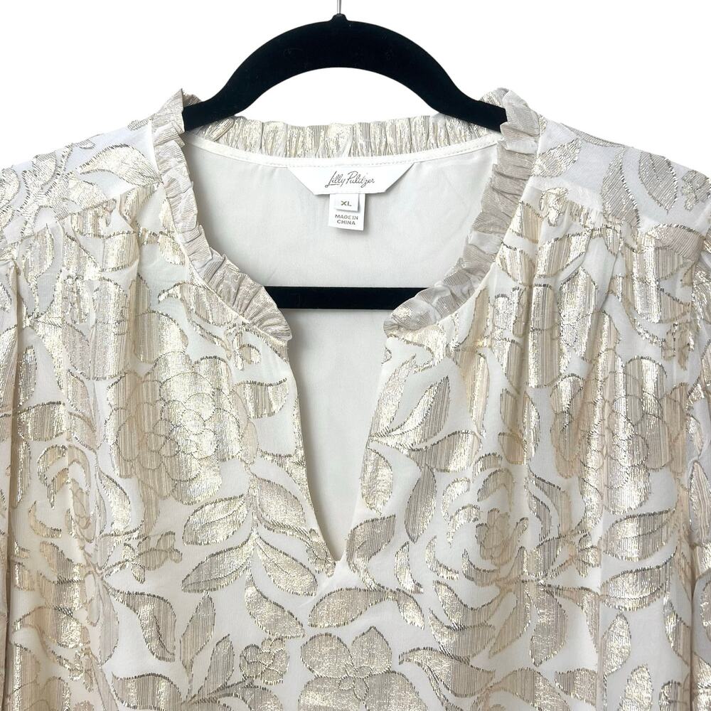 Lilly Pulitzer Giana Long Sleeve Silk Blouse Gold Cream Preppy XL - Picture 3 of 9